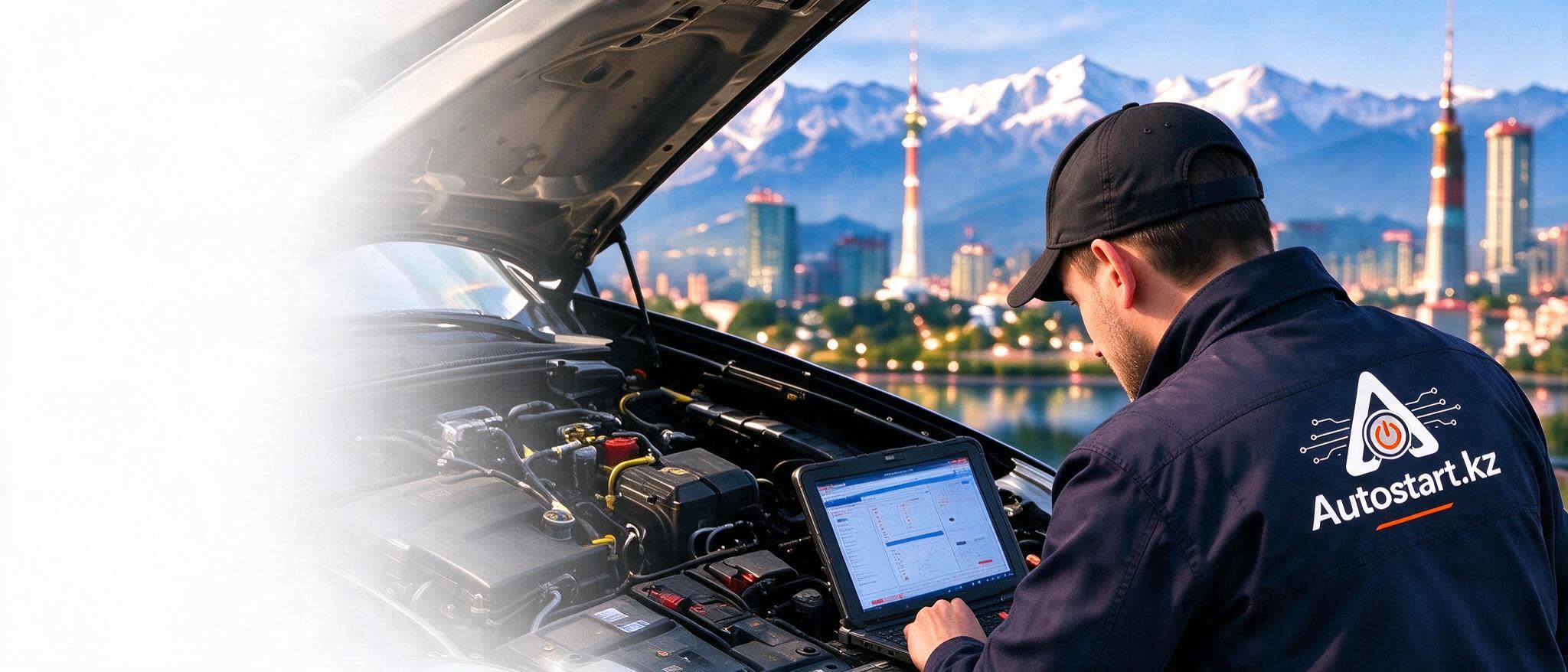 Автоэлектрик в куртке autostart.kz проводит компьютерную диагностику автомобиля на фоне Алматы и гор